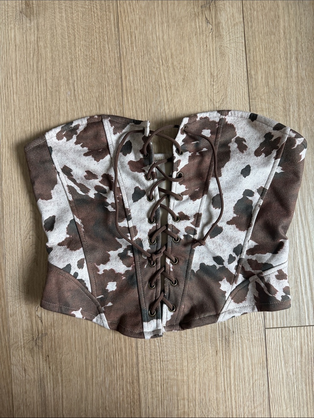 SHEIN Brown and Cream Cow Print Lace-Up Bustier Crop Top